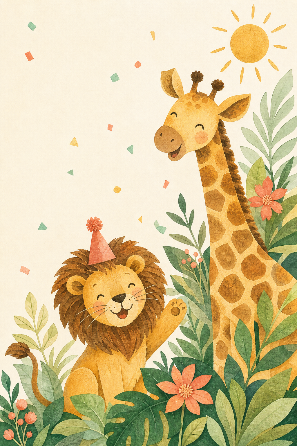 A cheerful lion and giraffe celebrating in a leafy birthday garden